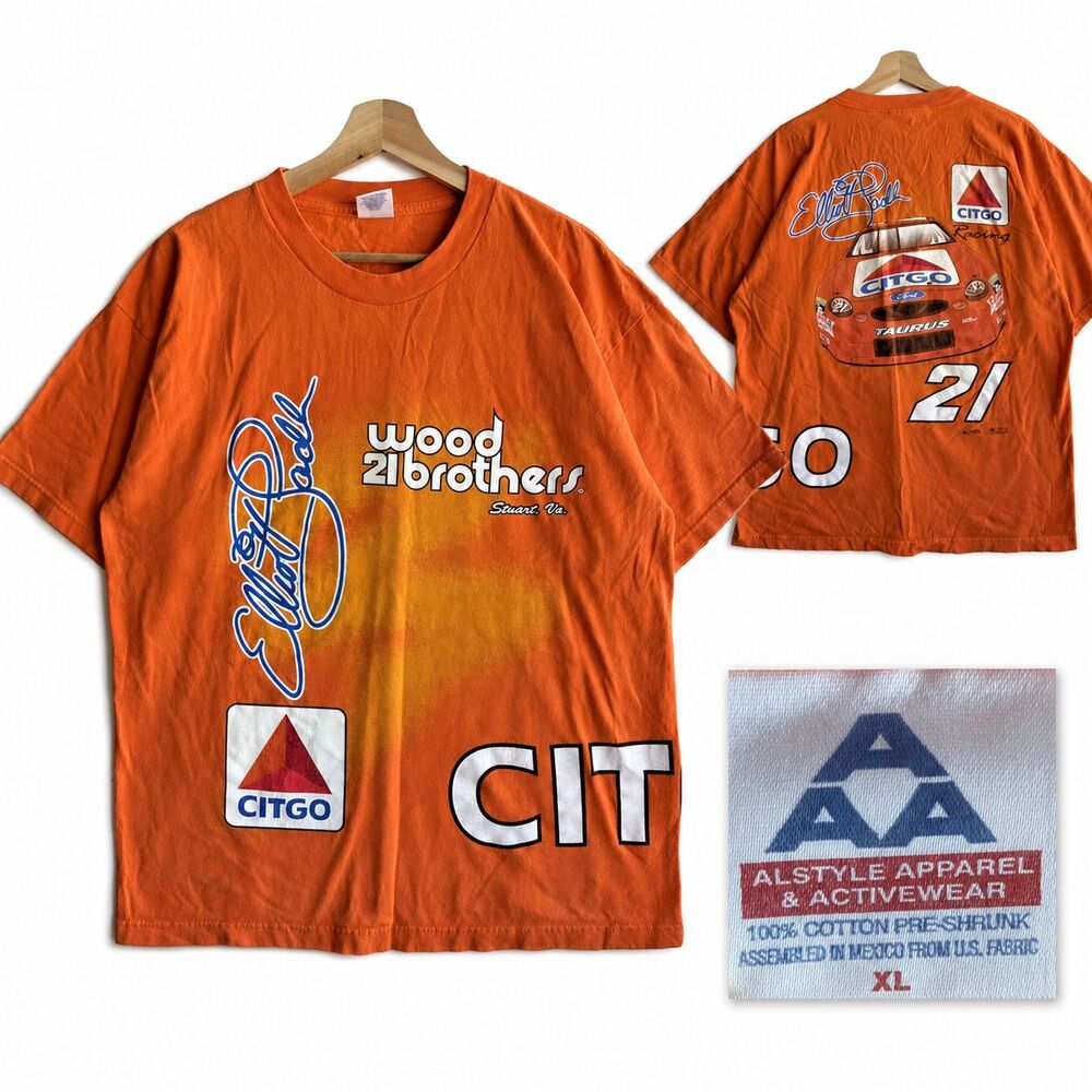 VTG NASCAR Citgo Wood 21 Brothers Elliot Sadler Print T-Shirt Orange Size XL Y2K